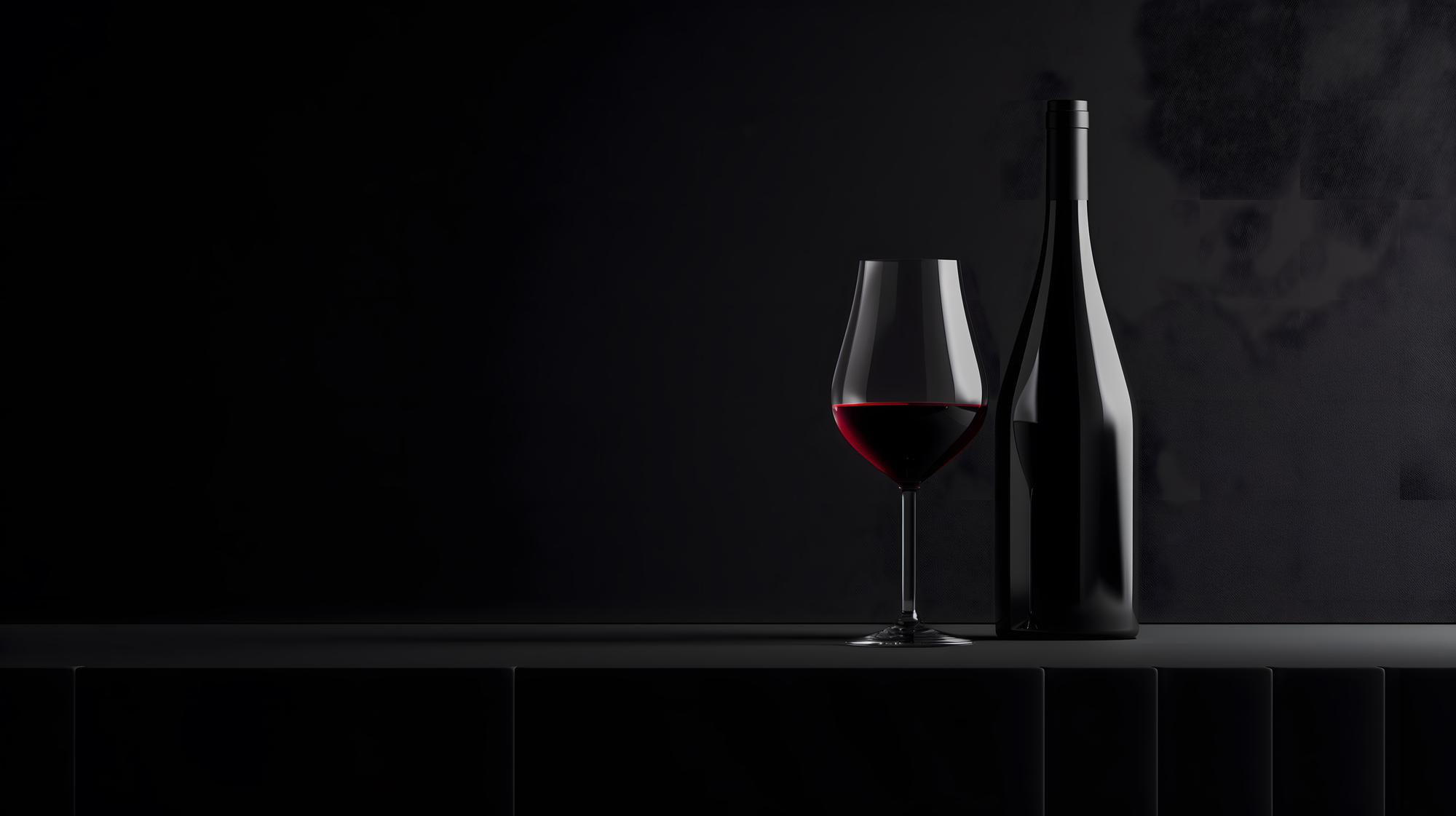 Kieliszek czerwonego wina i butelka wina na czarnym tle