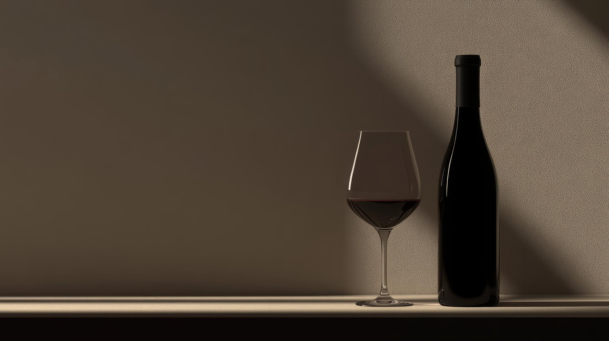 Butelka wina i kieliszek z czerwonym winem na półce przy ścianie